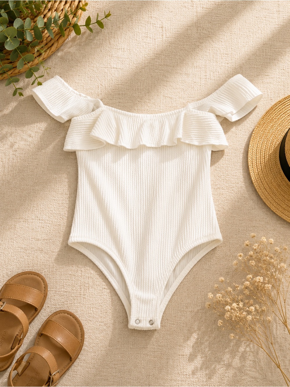 Aqua White Ribbed Ruffle Off-Shoulder One-Piece